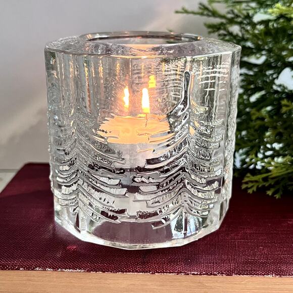 VTG Kuusi by Iittala Finland Embossed Pine Tree Heavy Glass Votive Candle Holder - Picture 1 of 10